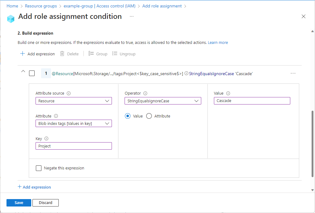 Screenshot of condition editor in Azure portal showing build expression section with values for blob index tags.