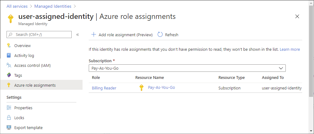 Screenshot that shows role assignments for a user-assigned managed identity.