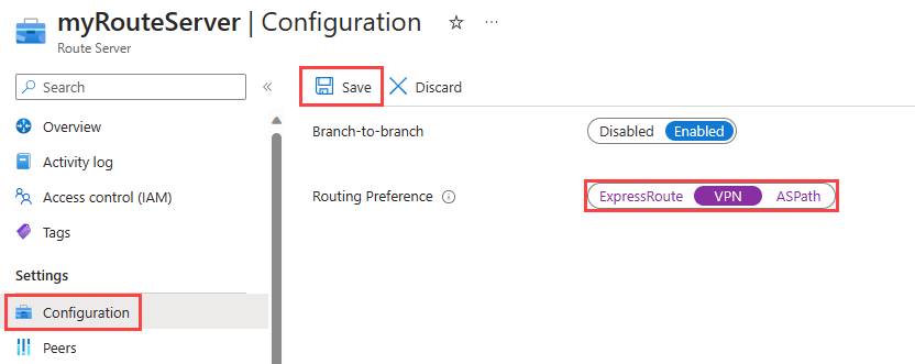 Screenshot of configuring routing preference of a Route Server in the Azure portal.