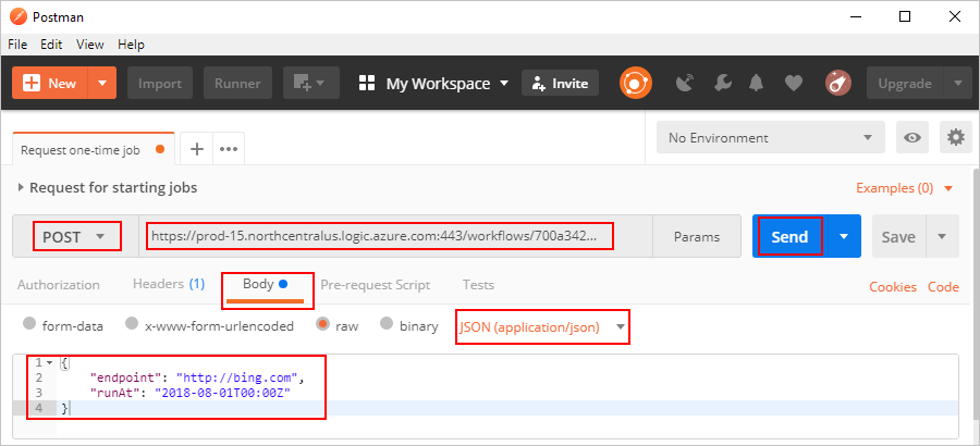 Screenshot showing the request to send for manually triggering your logic app workflow.