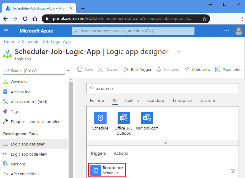 Screenshot showing the Azure portal and workflow designer with the "Recurrence" trigger selected.