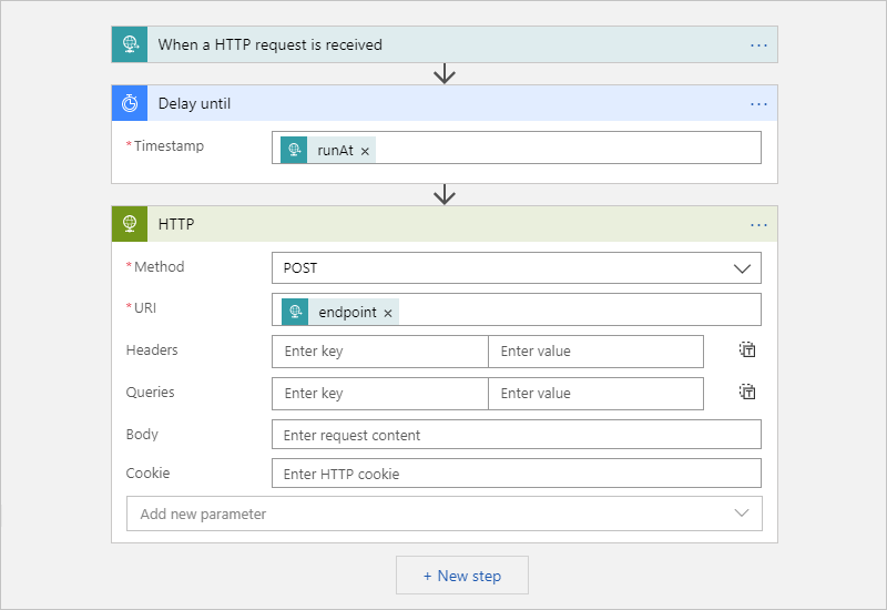 Screenshot showing the "Delay until" action followed by an H T T P action with a POST method.