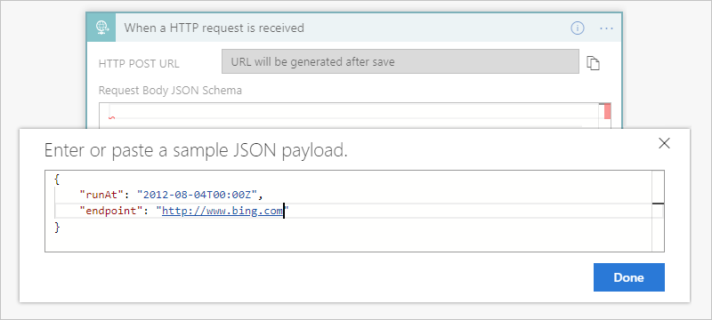 Screenshot showing a sample JSON payload.