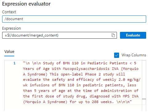 Screenshot of Expression Evaluator for fixed merged_content input.