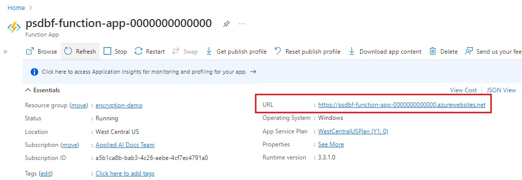 Screenshot of the overview page and Essentials section of the Azure Function app.