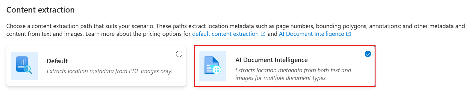 Screenshot of the wizard page with Azure AI Document Intelligence selected for content extraction.