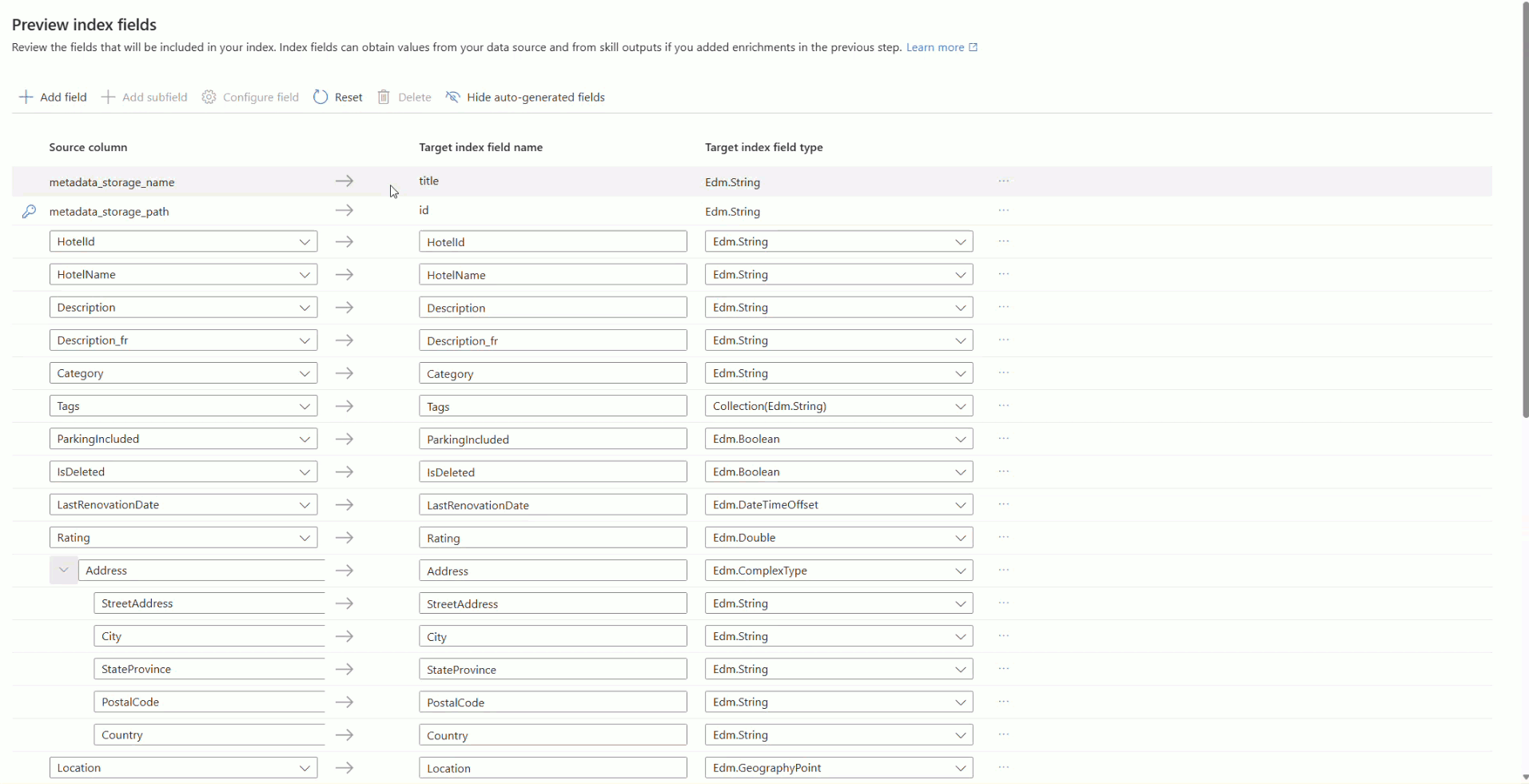 GIF that shows how to configure attributes for fields in the index.