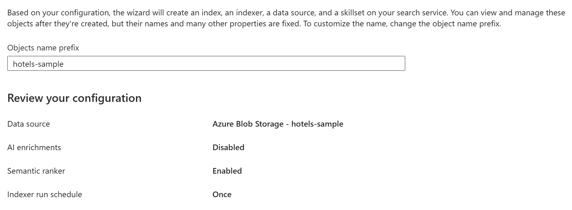 Screenshot of the object configuration page in the Azure portal.