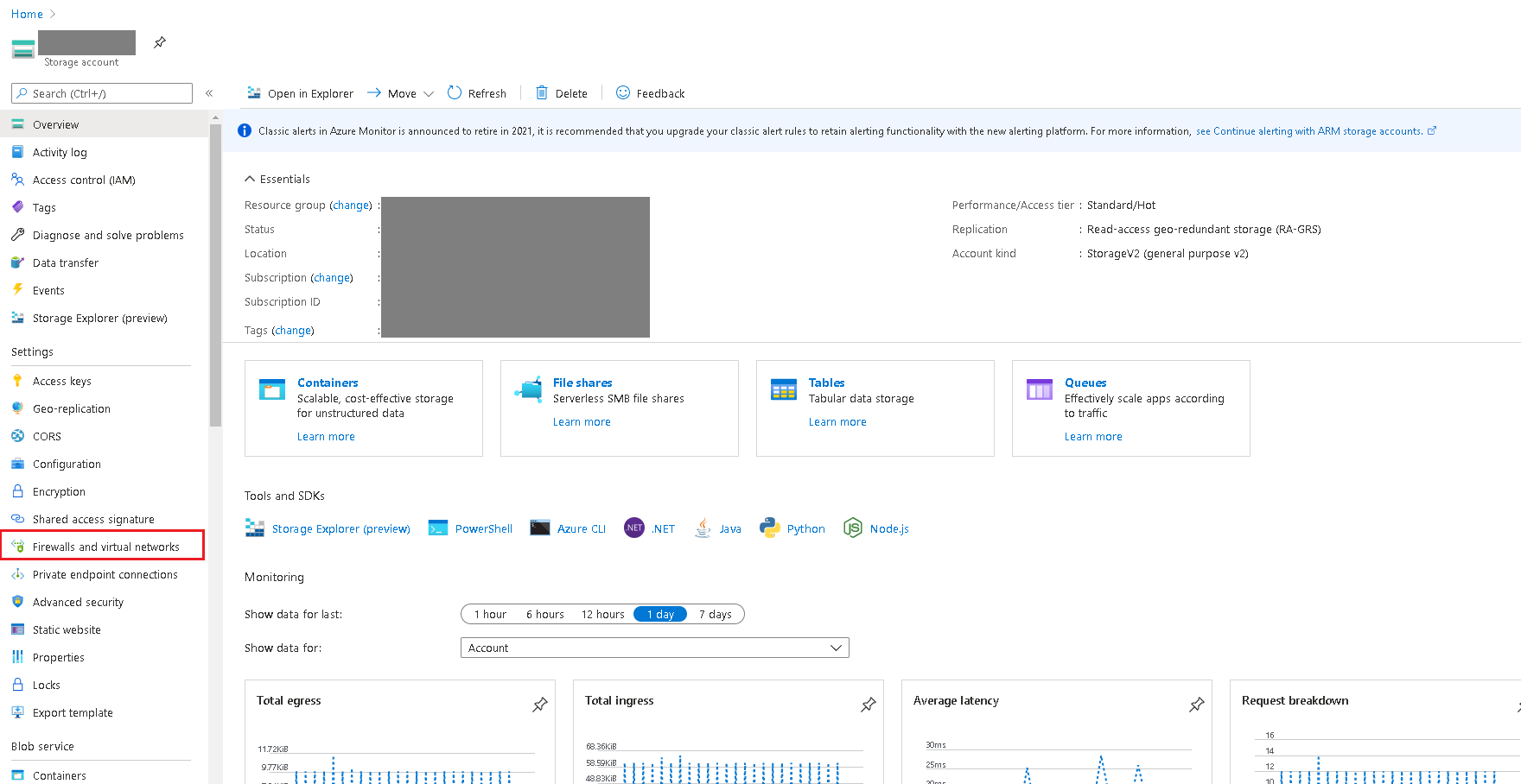 Screenshot of Azure Storage Firewall and virtual networks page