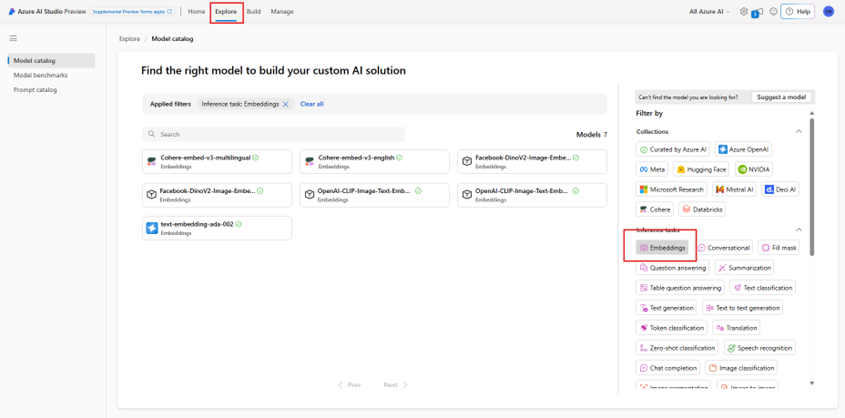 Screenshot of the Azure AI Foundry model catalog page highlighting how to filter by embeddings models.