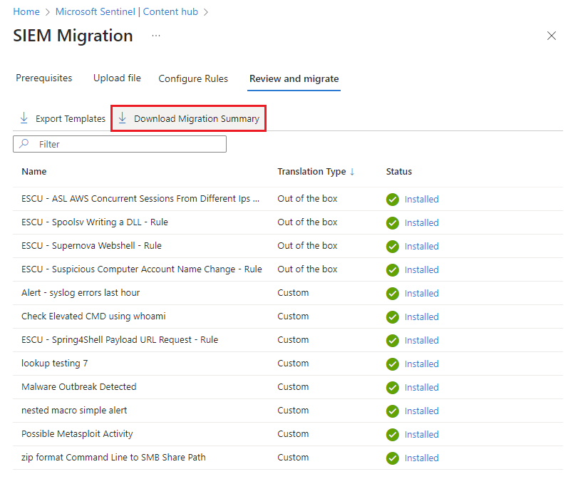 Screenshot showing the Download Migration Summary button from the Review and Migrate tab.