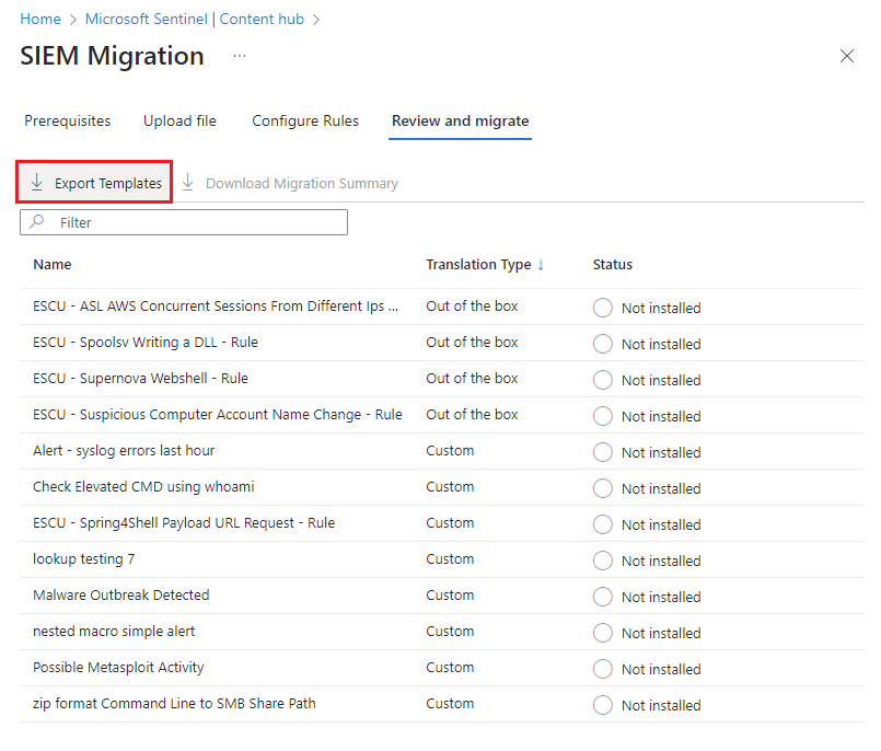 Screenshot showing the Review and Migrate tab highlighting the Export Templates button.