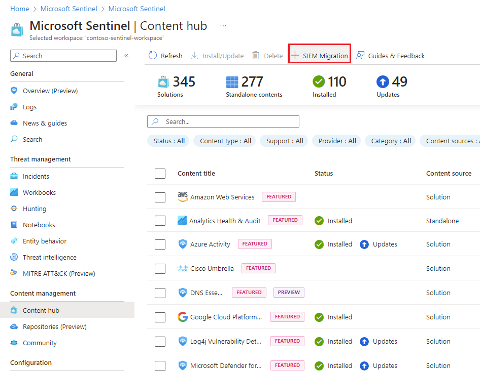 Screenshot showing content hub from the Azure portal with the menu item for the SIEM migration experience.