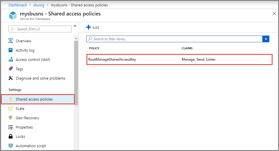 Screenshot shows the Shared access policies window with a policy highlighted.