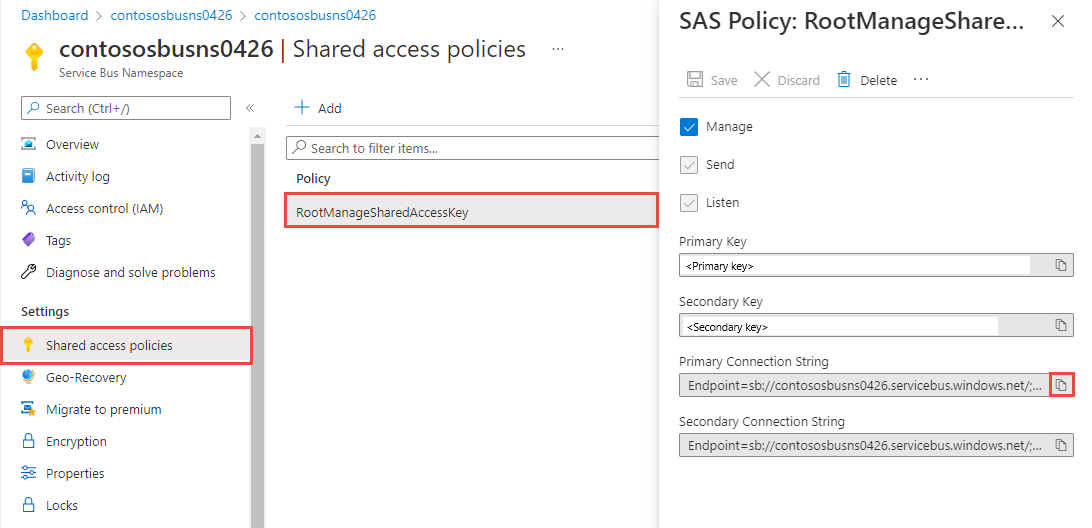 Screenshot shows an SAS policy called RootManageSharedAccessKey, which includes keys and connection strings.