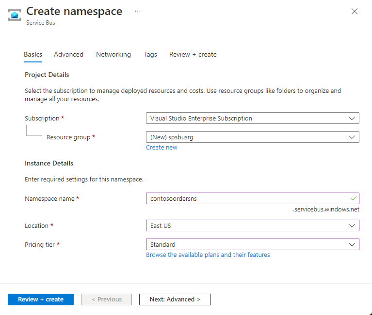 Image showing the Create a namespace page.