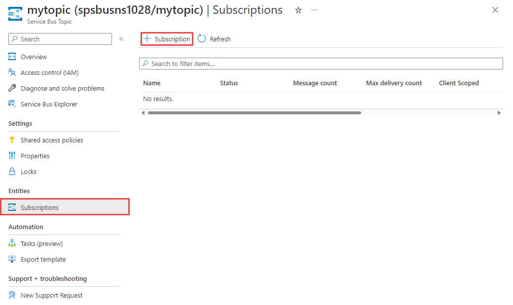 Screenshot of the Subscriptions page with the Add subscription button selected.