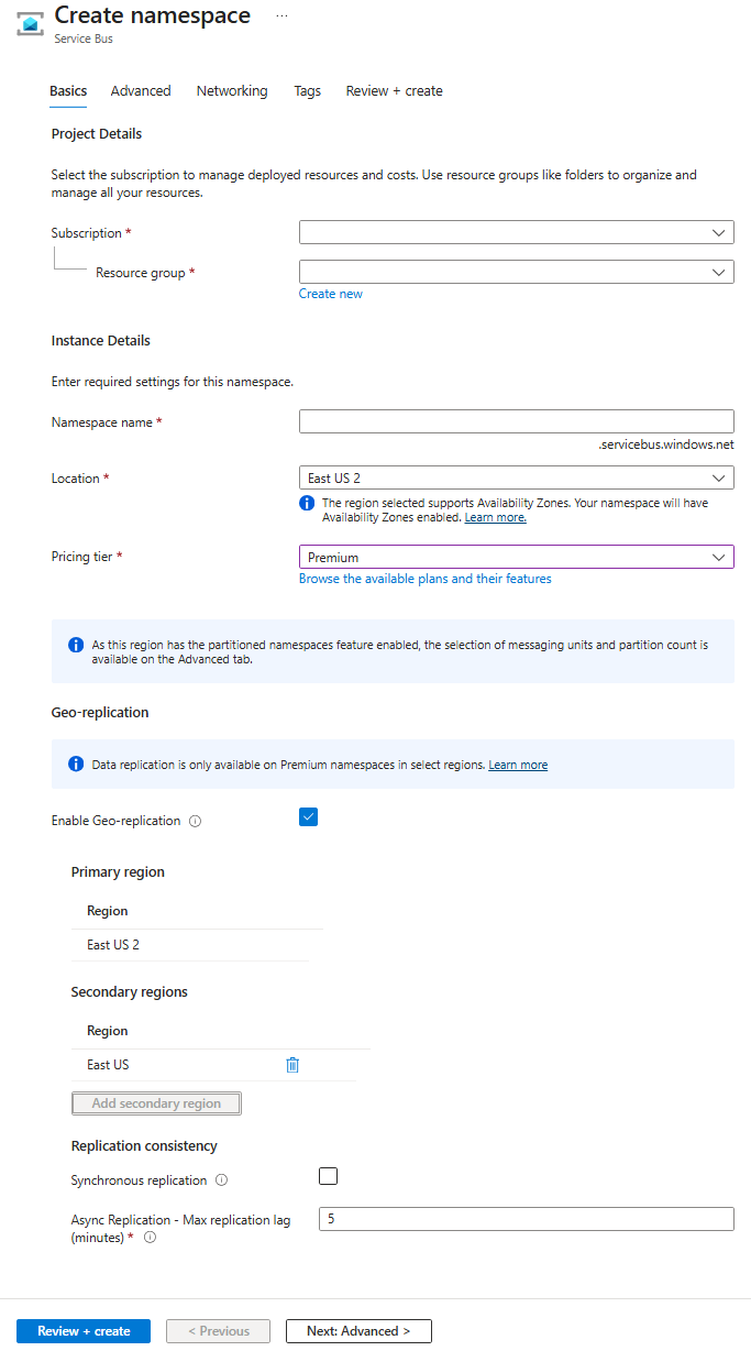 Screenshot showing the Create Namespace experience with Geo-Replication enabled.