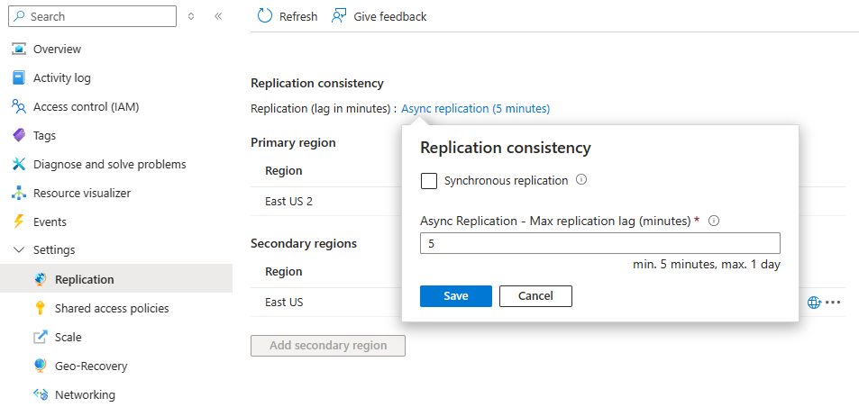 Screenshot showing how to update the configuration of the Geo-Replication feature.