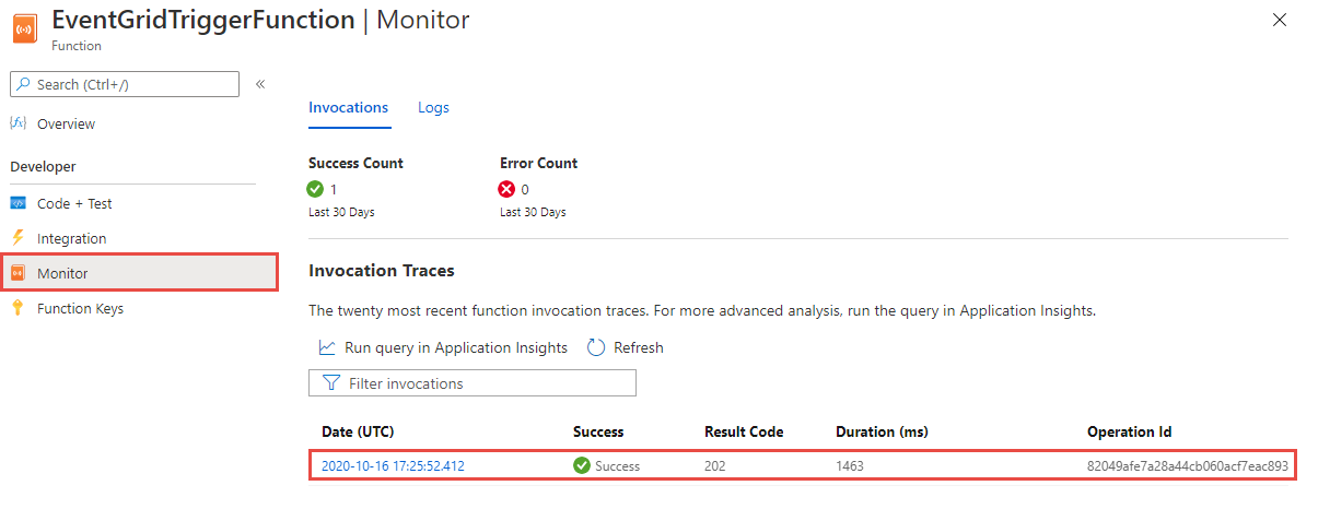 Monitor page for the function after invocations