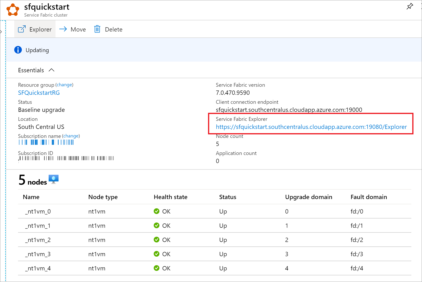 Service Fabric resource blade showing Service Fabric Explorer endpoint