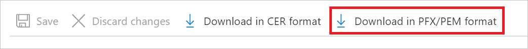 Screenshot of Download in PFX/PEM format button used to retrieve your certificate so you can import it into your computer's certificate store, PNG.