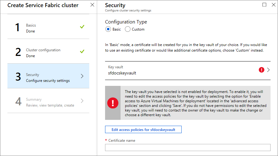 Screenshot shows the Create Service Fabric cluster pane with option 3 Security selected and an explanation that the key vault is not enabled.