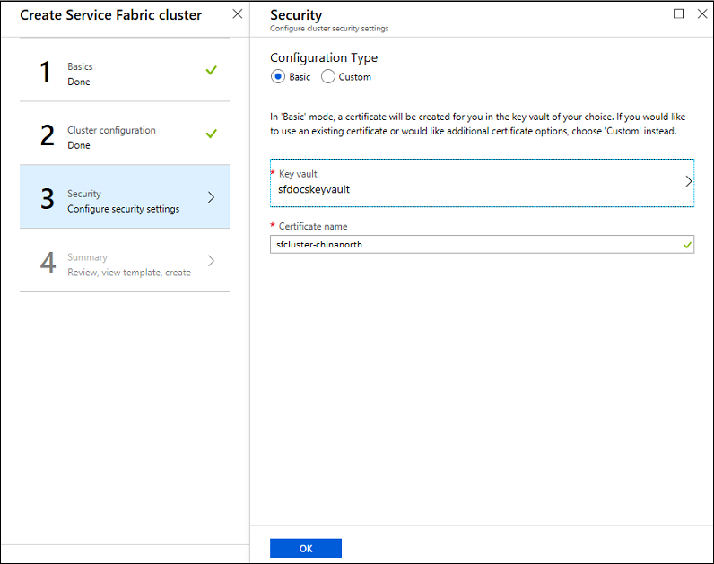 Screenshot shows the Create Service Fabric cluster pane with Security selected as before but without the explanation that the key vault is not enabled.