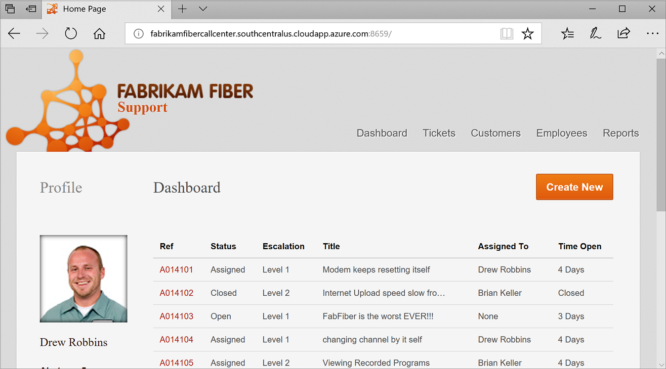 Screenshot of the Fabrikam Fiber CallCenter application home page running on azure.com. The page shows a dashboard with a list of support calls.