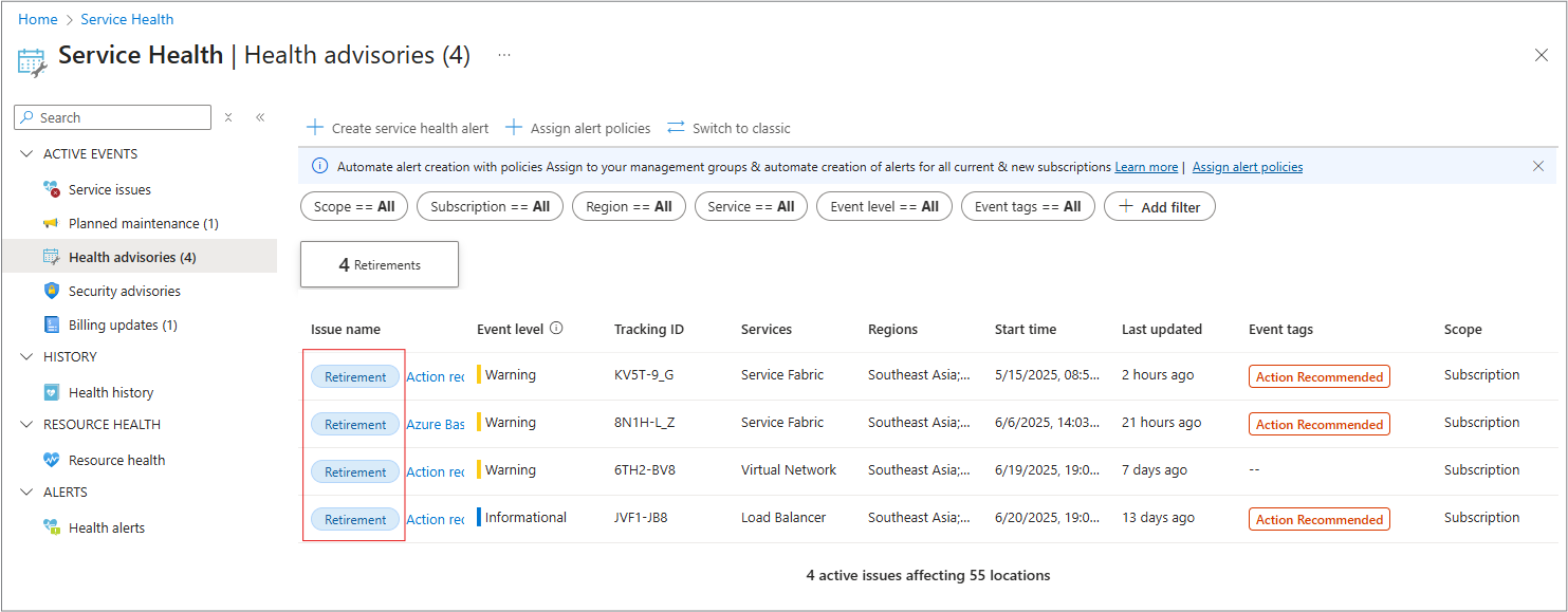 Screenshot of Health advisories pane with subtype event tags.
