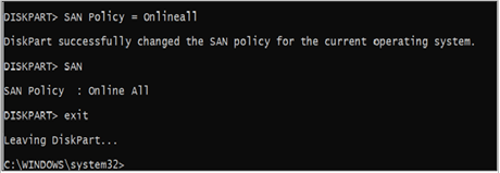 Screenshot showing Administrator Command Prompt diskpart online policy.