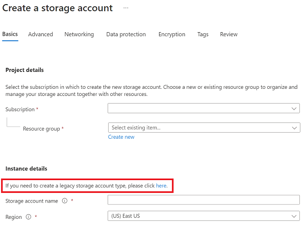 Screenshot of the Create a legacy storage account options.