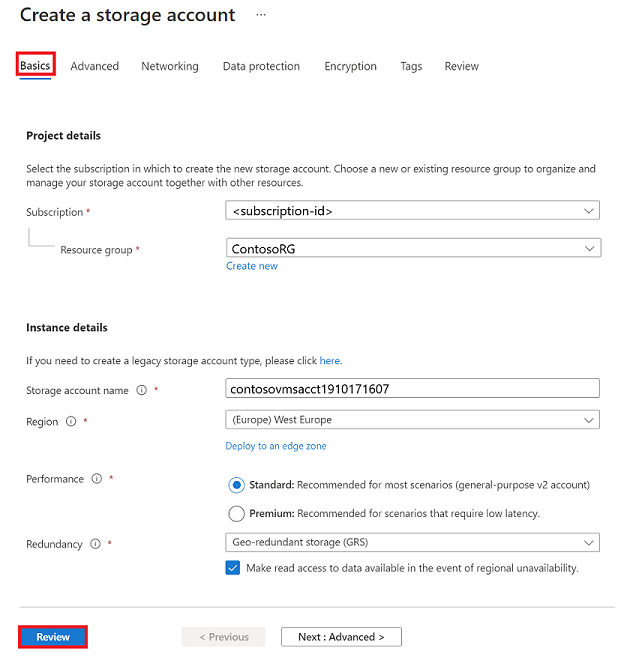 Screenshot of the Create a storage account options.