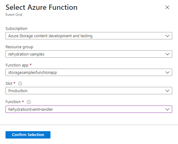 Screenshot showing how to select an Azure Function as the endpoint for an Event Grid subscription