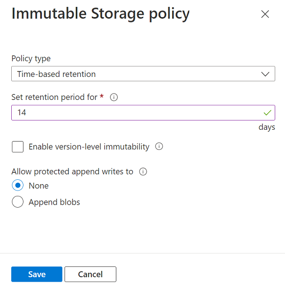 Screenshot showing how to configure immutability policy scoped to container