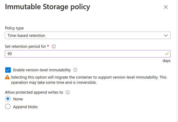 Screenshot showing how to migrate an existing container to support version-level immutability