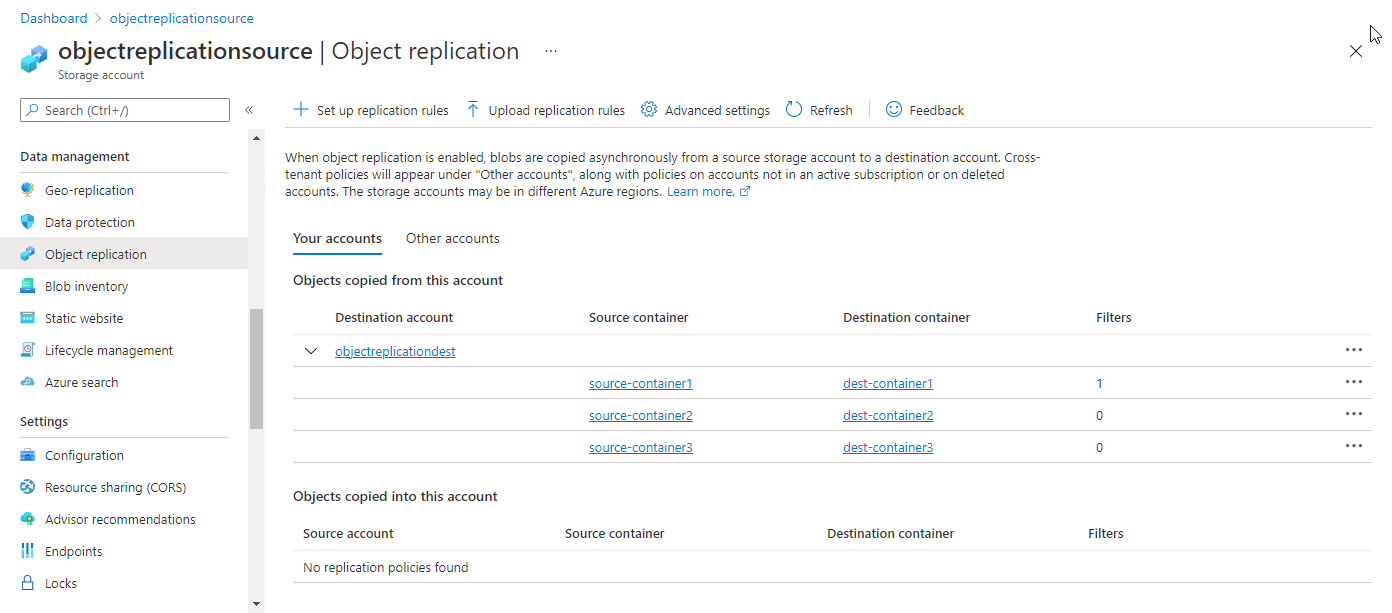 Screenshot showing object replication policy in Azure portal