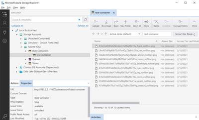 Screenshot of Azure Storage Explorer showing files generated by the tests.