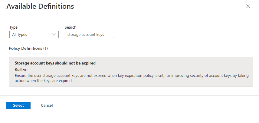 Screenshot showing how to select the built-in policy to monitor key expiration for your storage accounts