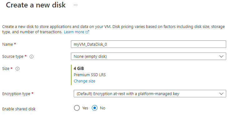 Screenshot showing how to create a new data disk for your V M.