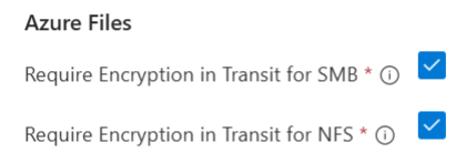 A screenshot showing how to enable or disable the Require Encryption in Transit settings for SMB and NFS.