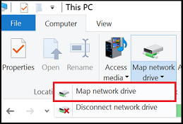 Screenshot of the Map network drive drop-down menu.