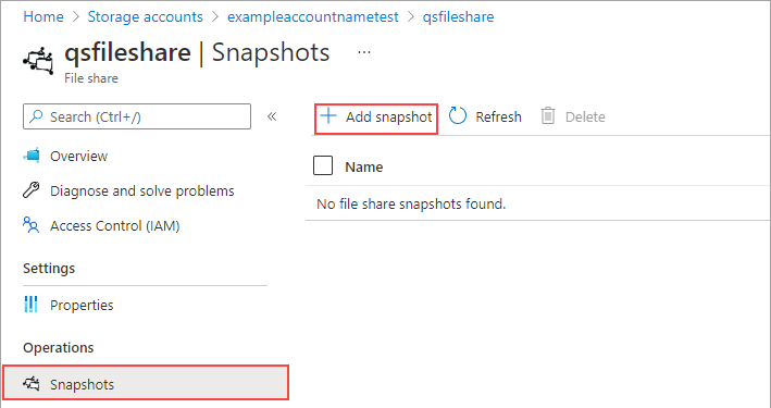 Screenshot of the storage account snapshots tab.