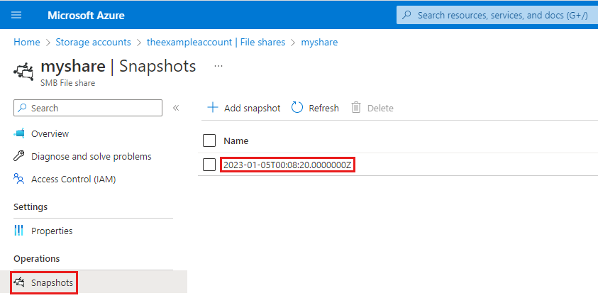 Screenshot showing how to locate a file share snapshot name and timestamp in the Azure portal.