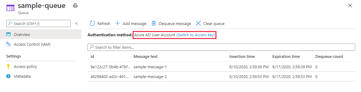 Screenshot showing user currently accessing queues with Microsoft Entra account