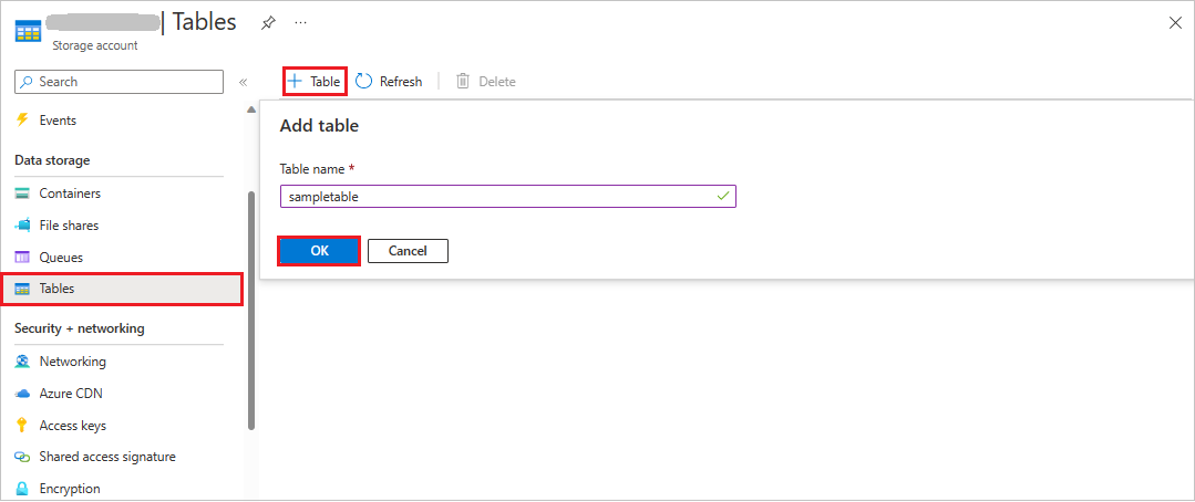 Screenshot showing how to create a table in Storage Browser in the Azure portal.