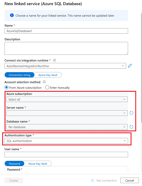 Screenshot that shows how to enter the server and database details to create a new linked service.