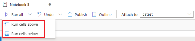Screenshot of the commands for running cells above and below the current cell in a Synapse notebook.