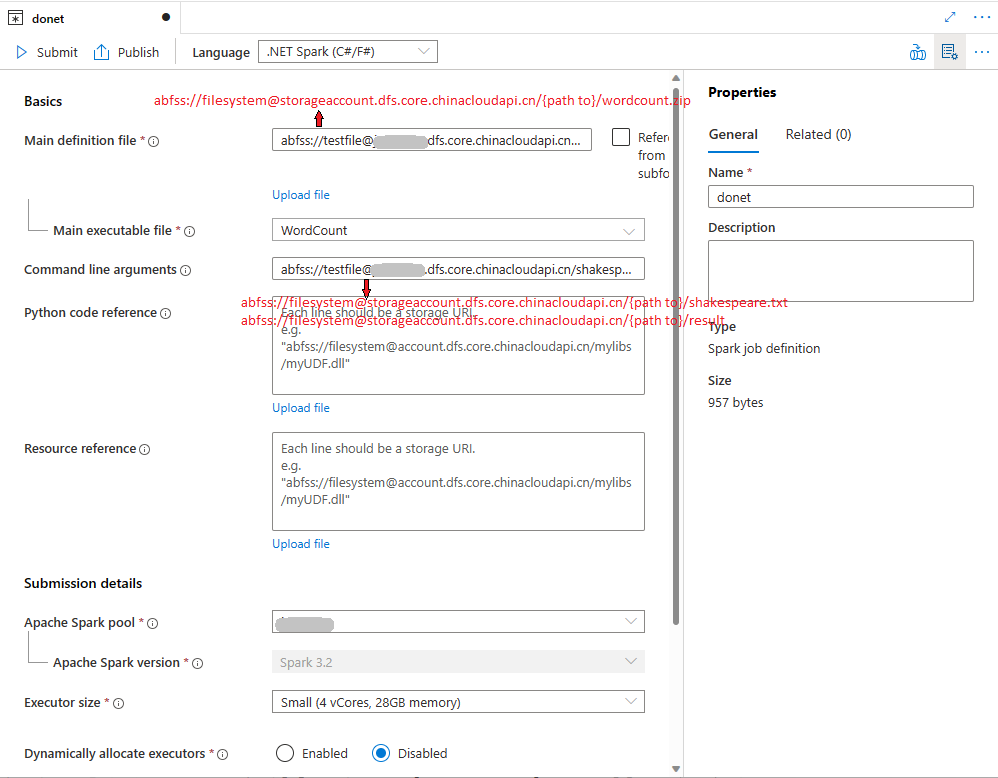 Set the value of the Spark job definition for dotnet