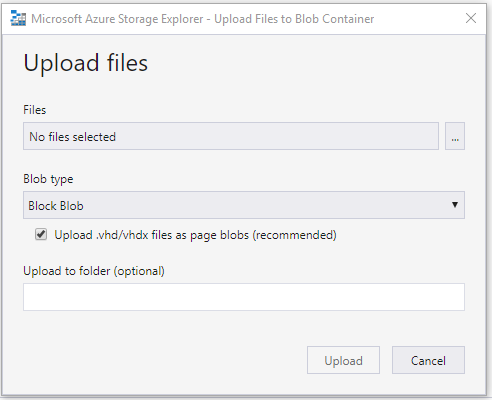 A screenshot of the Azure Storage Explorer Tool's search window. The "Upload .vhd or vhdx files as page blobs (recommended)" check box is selected.